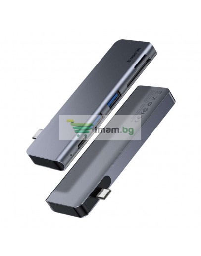 USB хъб Baseus Harmonica, 5 Порта, Type-C към 2xUSB 3.0, PD, TF, Micro SD, Сив - 12078