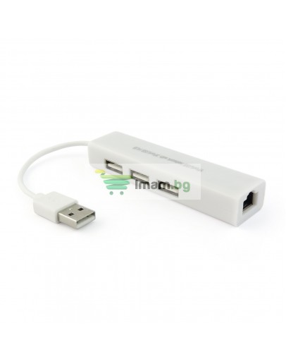USB хъб No Brand, USB 2.0 + Мрежов адаптер, 3 Порта, Бял - 12052