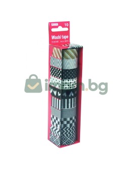 Декоративно тиксо WASHI TAPE - 8 бр. черно-бели + 2 металик