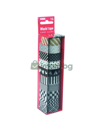 Декоративно тиксо WASHI TAPE - 8 бр. черно-бели + 2 металик